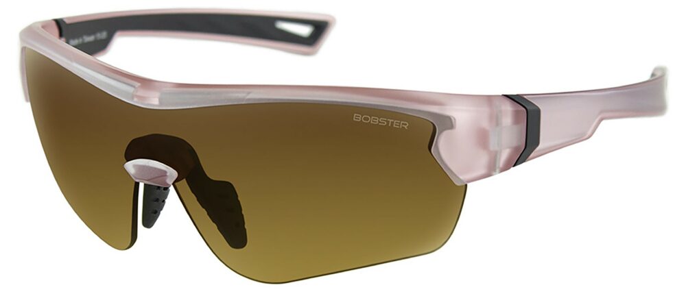 Bobster Stella Sunglasses, matte rose gold frame, with brown gradient lens. Angled left