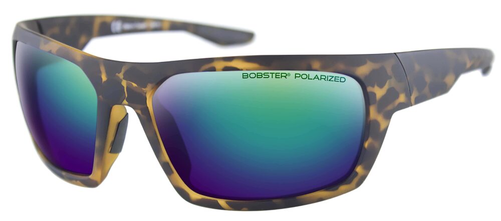 Bobster Trout Sunglasses, Matte Brown Tortoise Frame with Brown Polarized Green Revo Mirror Lenses. Angled left